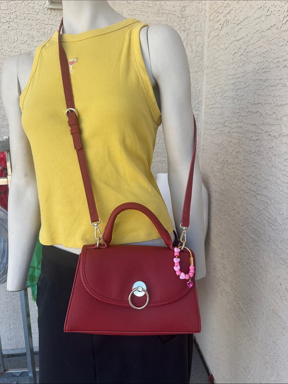 LC Lauren Conrad Red Structured Top-Handle Crossbody Bag with Charm